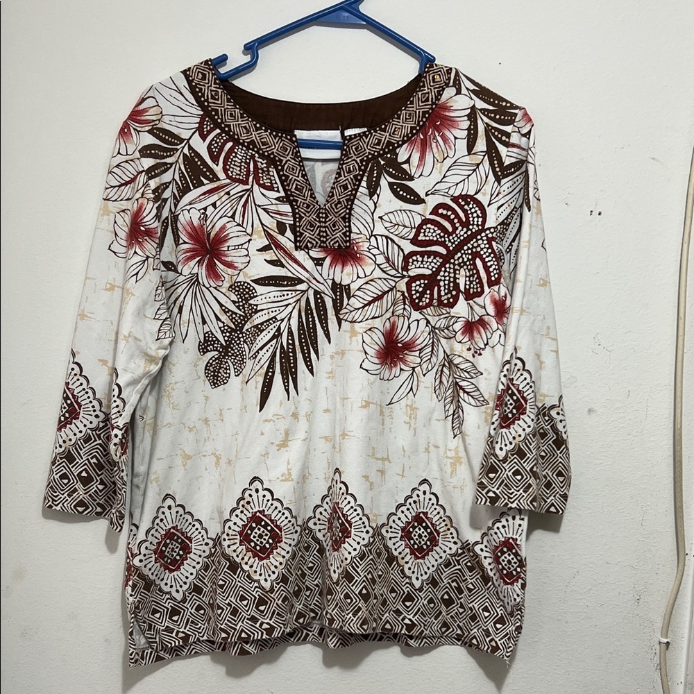 Alfred Dunner Floral Blouse - White, Brown, and Red